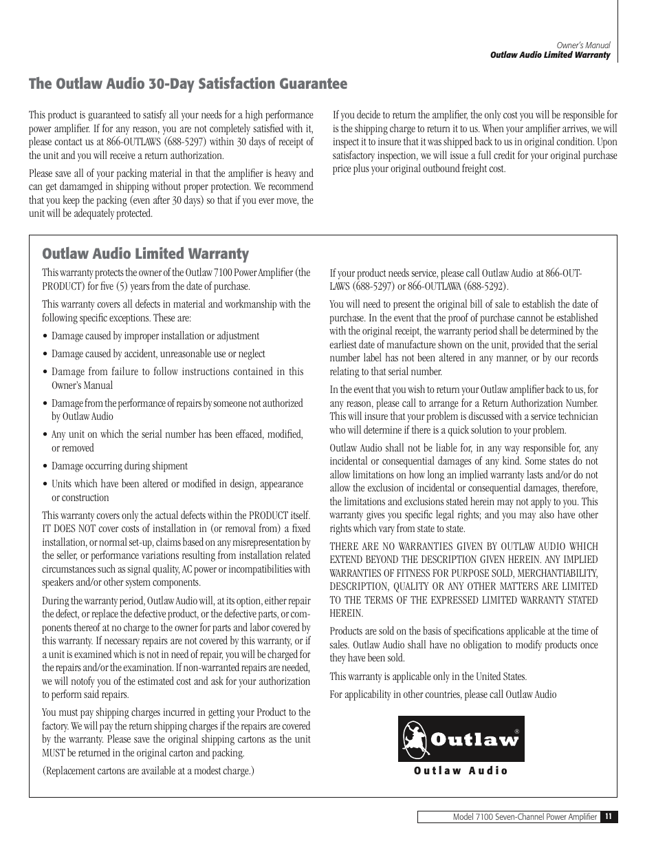 The outlaw audio 30-day satisfaction guarantee, Outlaw audio limited warranty | Outlaw Audio 7100 User Manual | Page 11 / 12