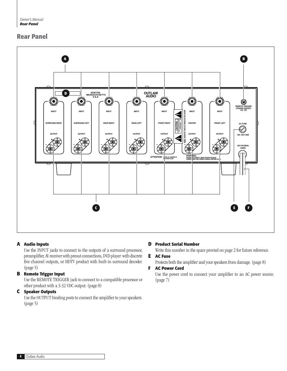 Rear panel, Audio inputs, Remote trigger input | Speaker outputs, Product serial number, Ac fuse, Ac power cord | Outlaw Audio 7100 User Manual | Page 4 / 12