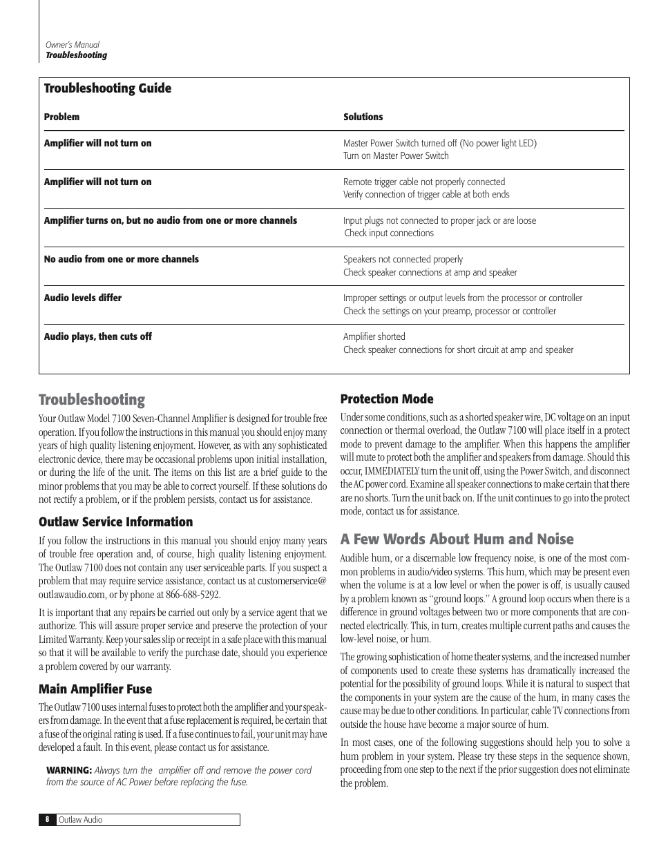 Troubleshooting, A few words about hum and noise | Outlaw Audio 7100 User Manual | Page 8 / 12