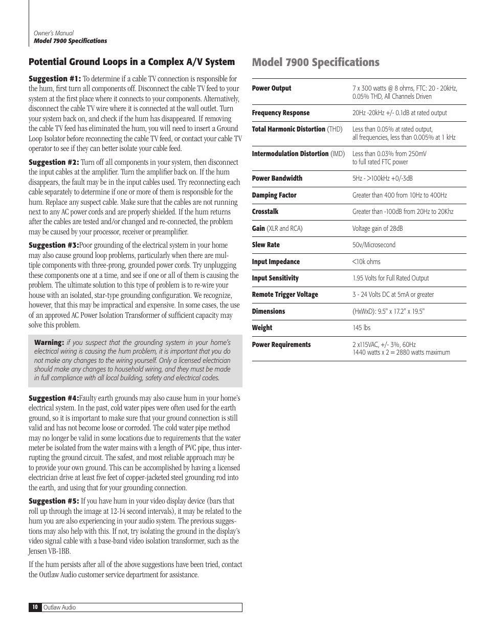 Model 7900 specifications | Outlaw Audio 7900 User Manual | Page 10 / 12