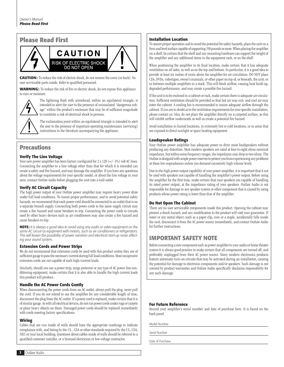 Please read first, Precautions | Outlaw Audio 7900 User Manual | Page 2 / 12