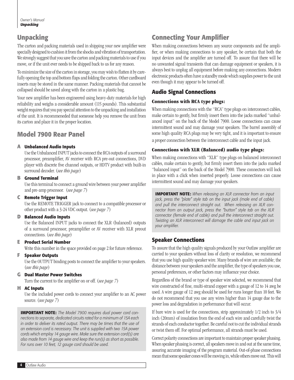 Unpacking, Model 7900 rear panel, Connecting your amplifier | Outlaw Audio 7900 User Manual | Page 4 / 12