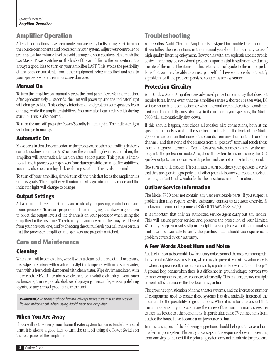 Amplifier operation, Care and maintenance, Troubleshooting | Outlaw Audio 7900 User Manual | Page 8 / 12