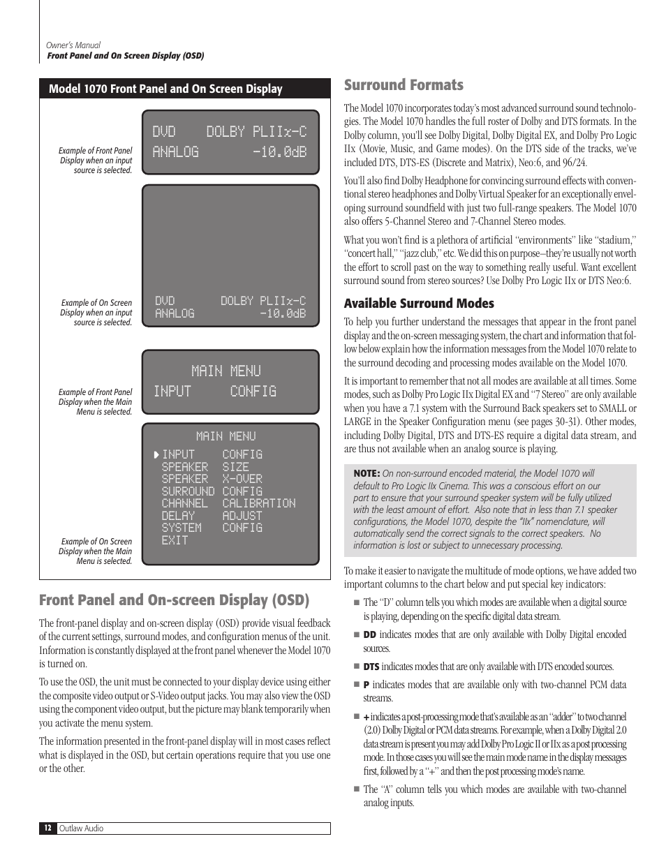 Dvd dolby pliix-c analog -10.0db, Main menu input config, Front panel and on-screen display (osd) | Surround formats | Outlaw Audio 1070 User Manual | Page 12 / 52