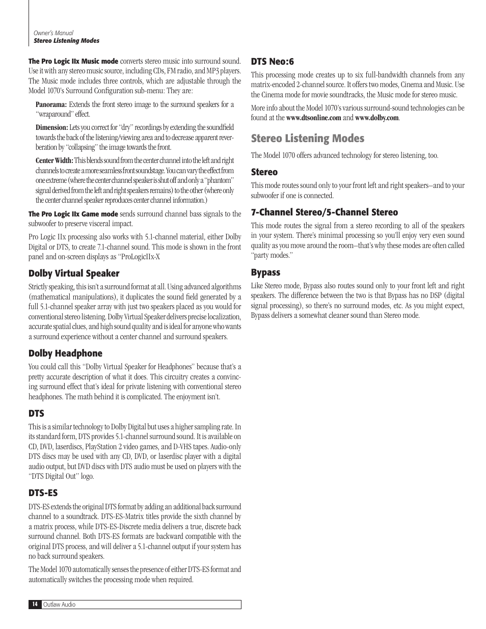 Stereo listening modes | Outlaw Audio 1070 User Manual | Page 14 / 52