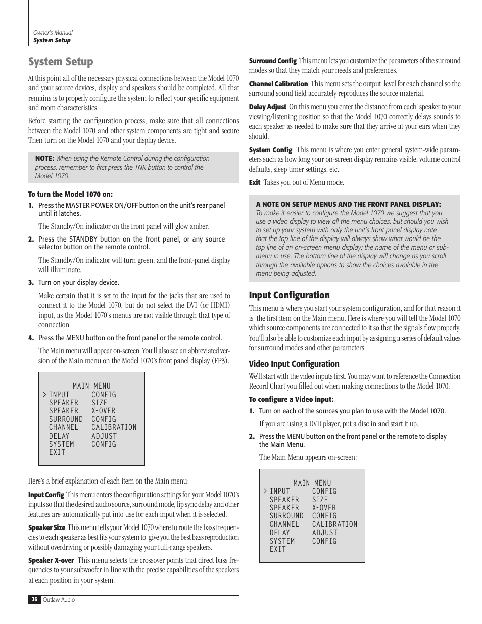 System setup | Outlaw Audio 1070 User Manual | Page 26 / 52