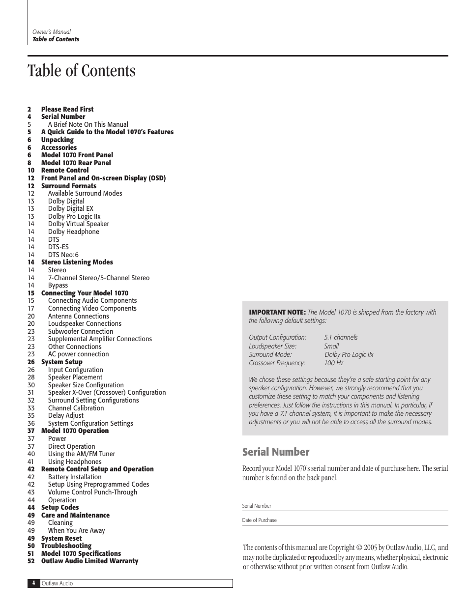 Outlaw Audio 1070 User Manual | Page 4 / 52