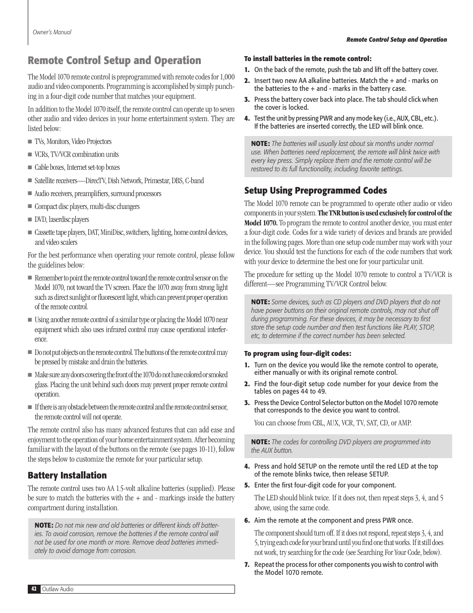 Remote control setup and operation, Battery installation, Setup using preprogrammed codes | Outlaw Audio 1070 User Manual | Page 42 / 52