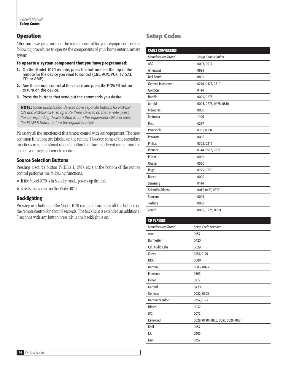 Setup codes, Operation | Outlaw Audio 1070 User Manual | Page 44 / 52