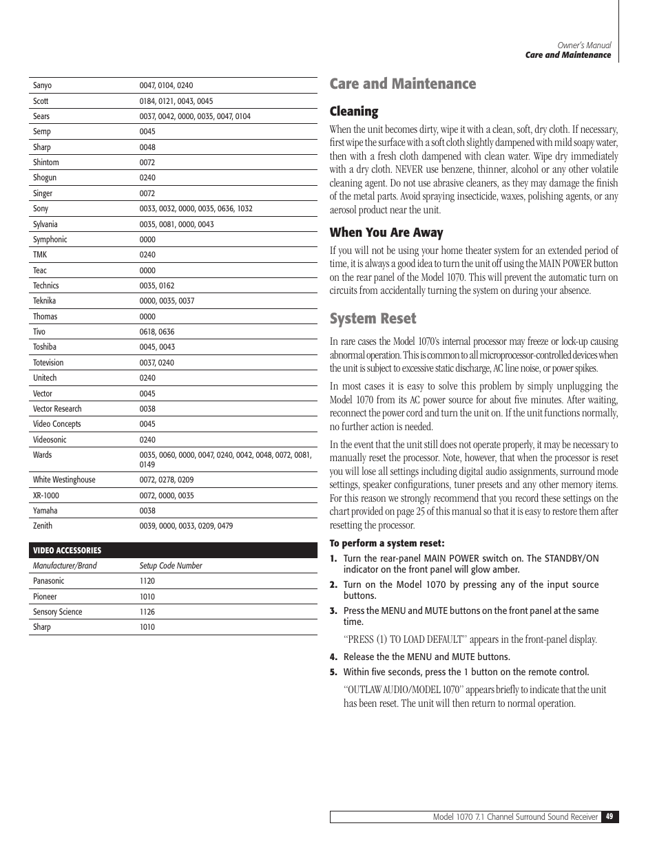 Care and maintenance, System reset, Cleaning | When you are away | Outlaw Audio 1070 User Manual | Page 49 / 52