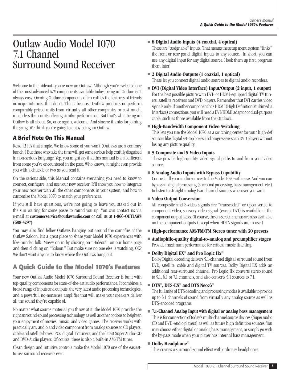 A quick guide to the model 1070’s features | Outlaw Audio 1070 User Manual | Page 5 / 52