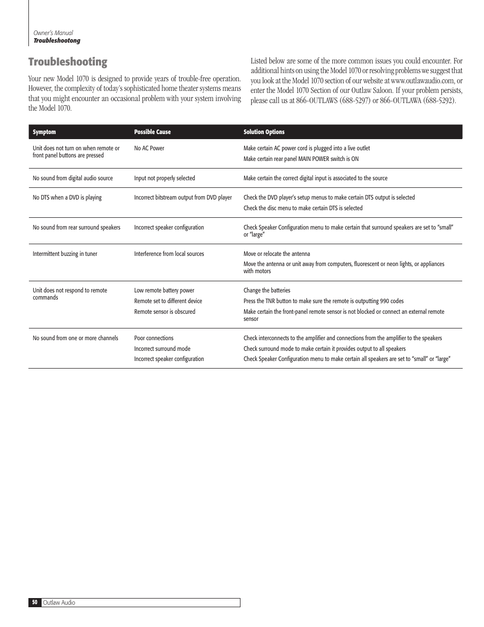 Troubieshooting | Outlaw Audio 1070 User Manual | Page 50 / 52