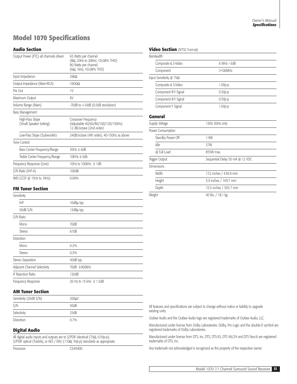 Model 1070 specifications | Outlaw Audio 1070 User Manual | Page 51 / 52