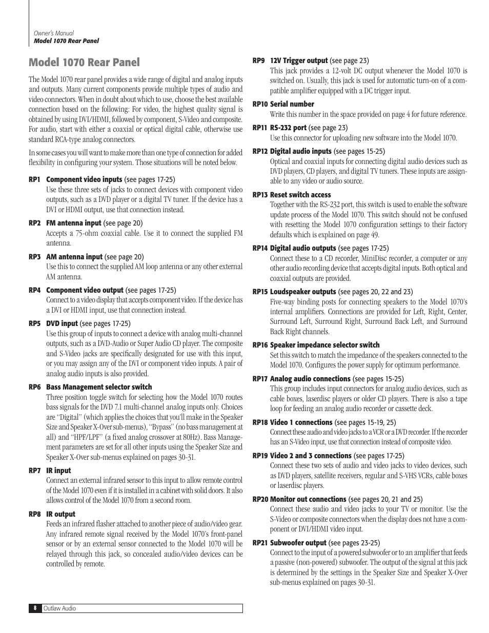 Model 1070 rear panel | Outlaw Audio 1070 User Manual | Page 8 / 52