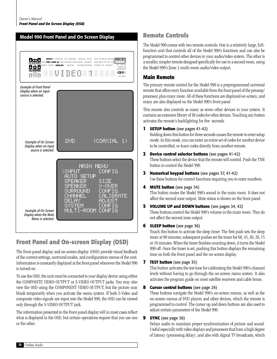 Remote controls, Front panel and on-screen display (osd), Main remote | Model 990 front panel and on screen display | Outlaw Audio 990 User Manual | Page 10 / 52