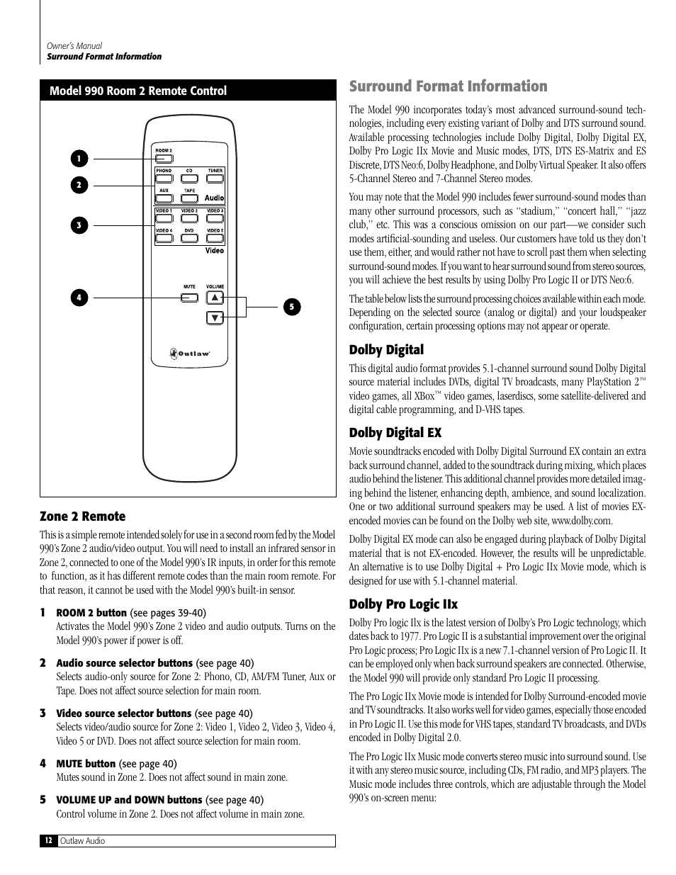 Surround format information | Outlaw Audio 990 User Manual | Page 12 / 52