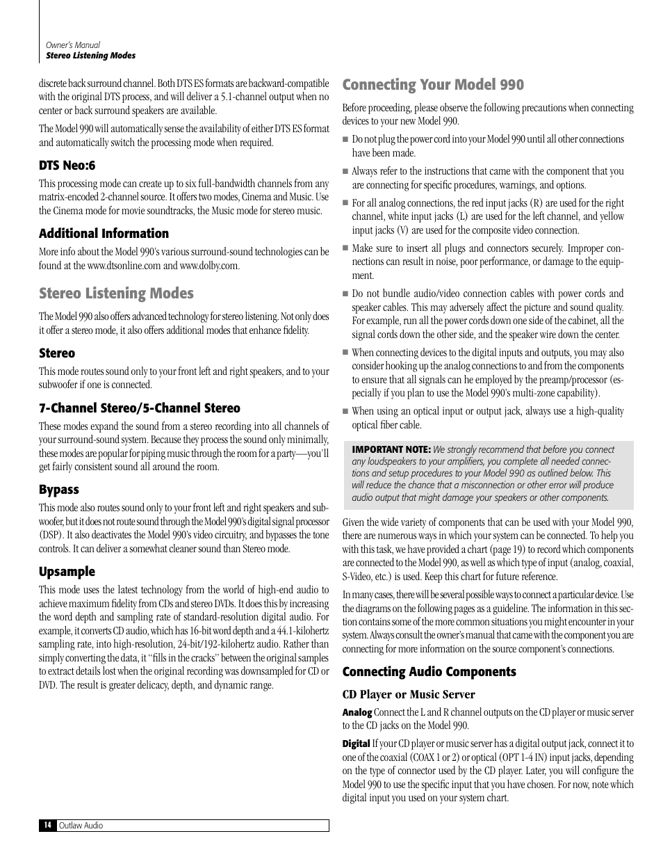 Stereo listening modes, Connecting your model 990 | Outlaw Audio 990 User Manual | Page 14 / 52