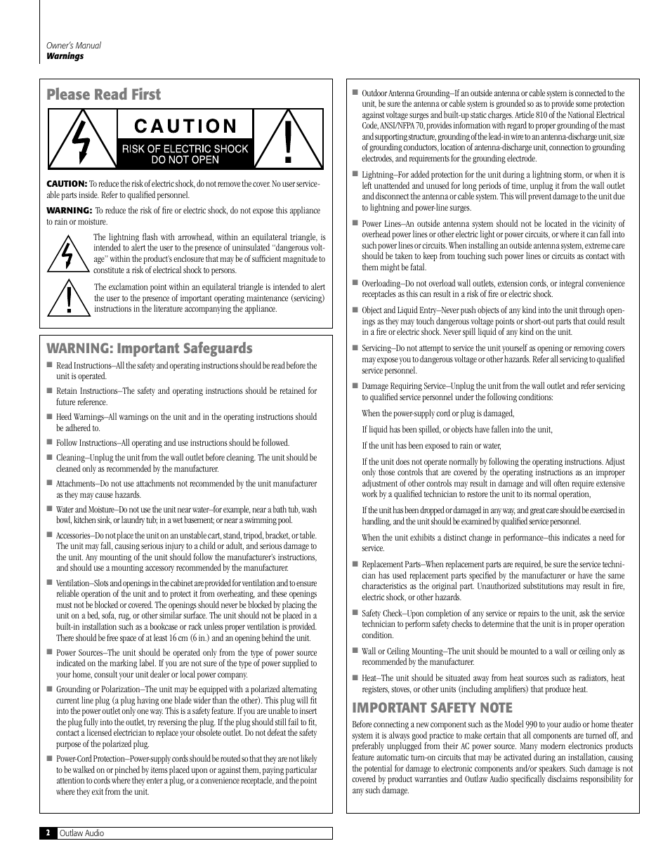 Please read first, Warning: important safeguards | Outlaw Audio 990 User Manual | Page 2 / 52