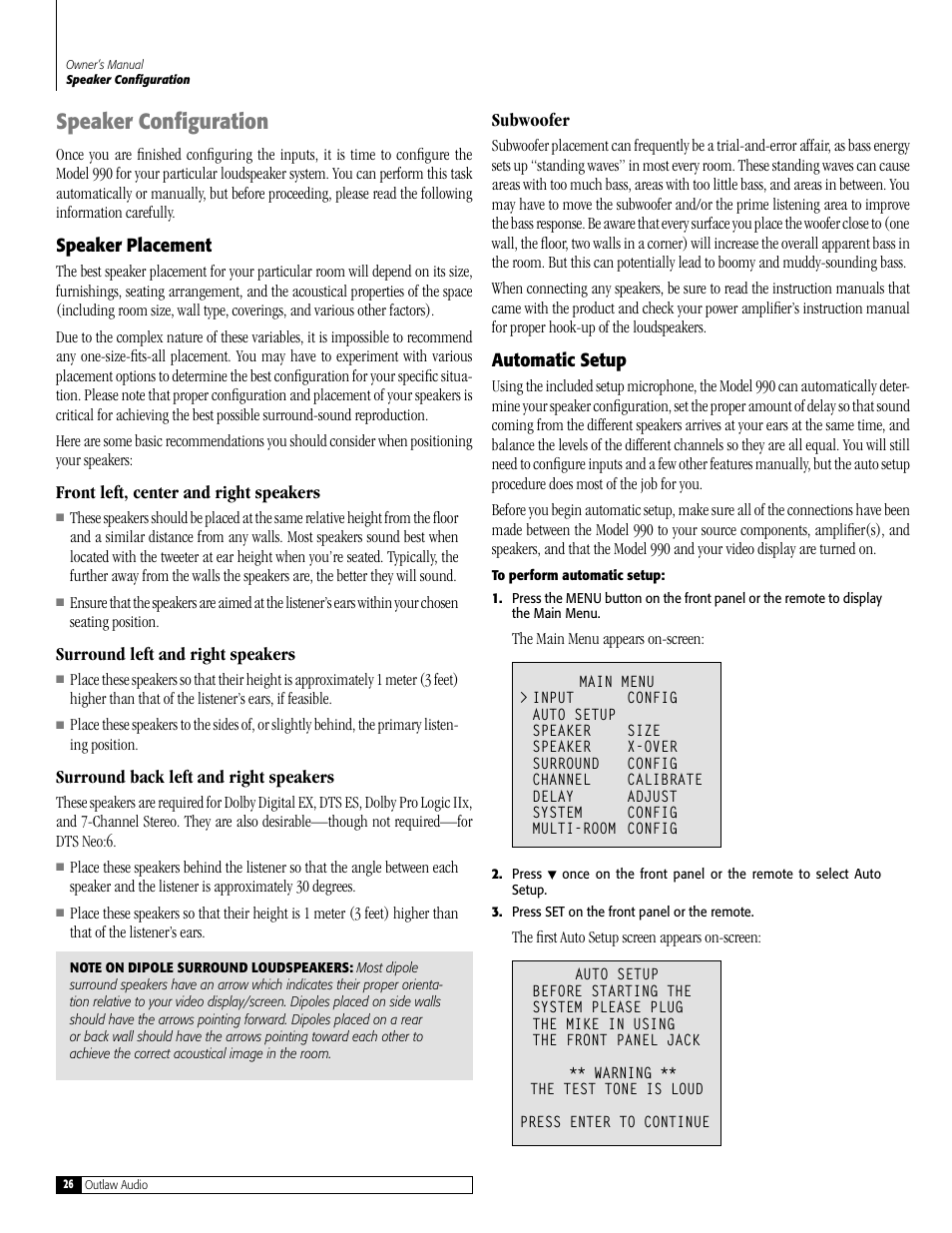 Speaker configuration | Outlaw Audio 990 User Manual | Page 26 / 52