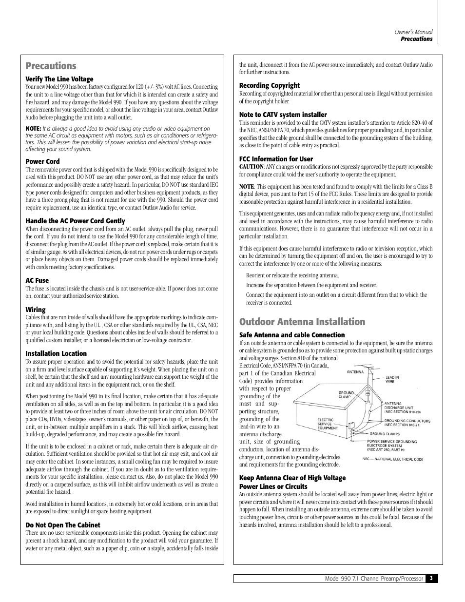 Precautions, Outdoor antenna installation | Outlaw Audio 990 User Manual | Page 3 / 52