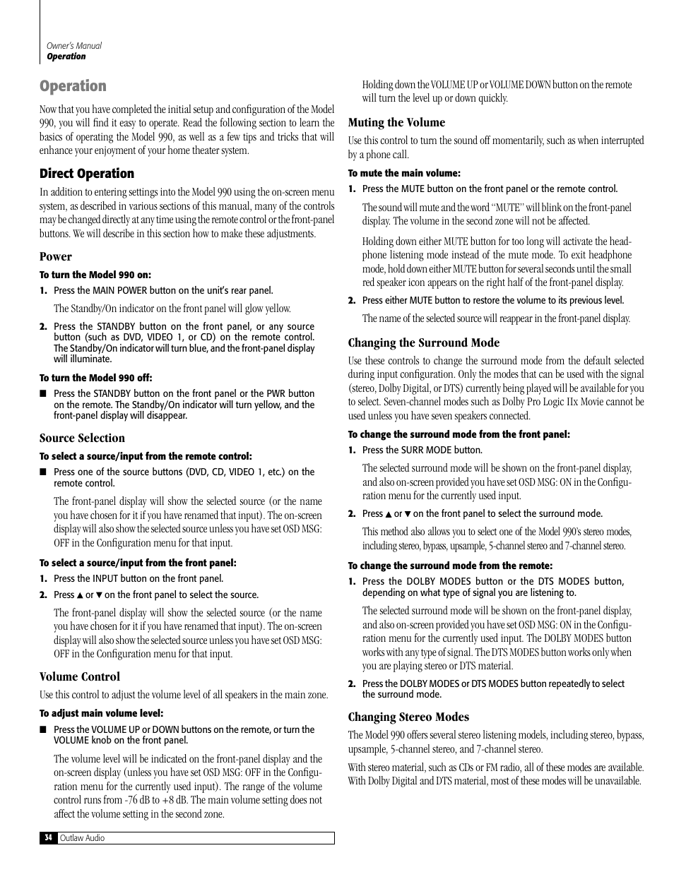 Operation | Outlaw Audio 990 User Manual | Page 34 / 52