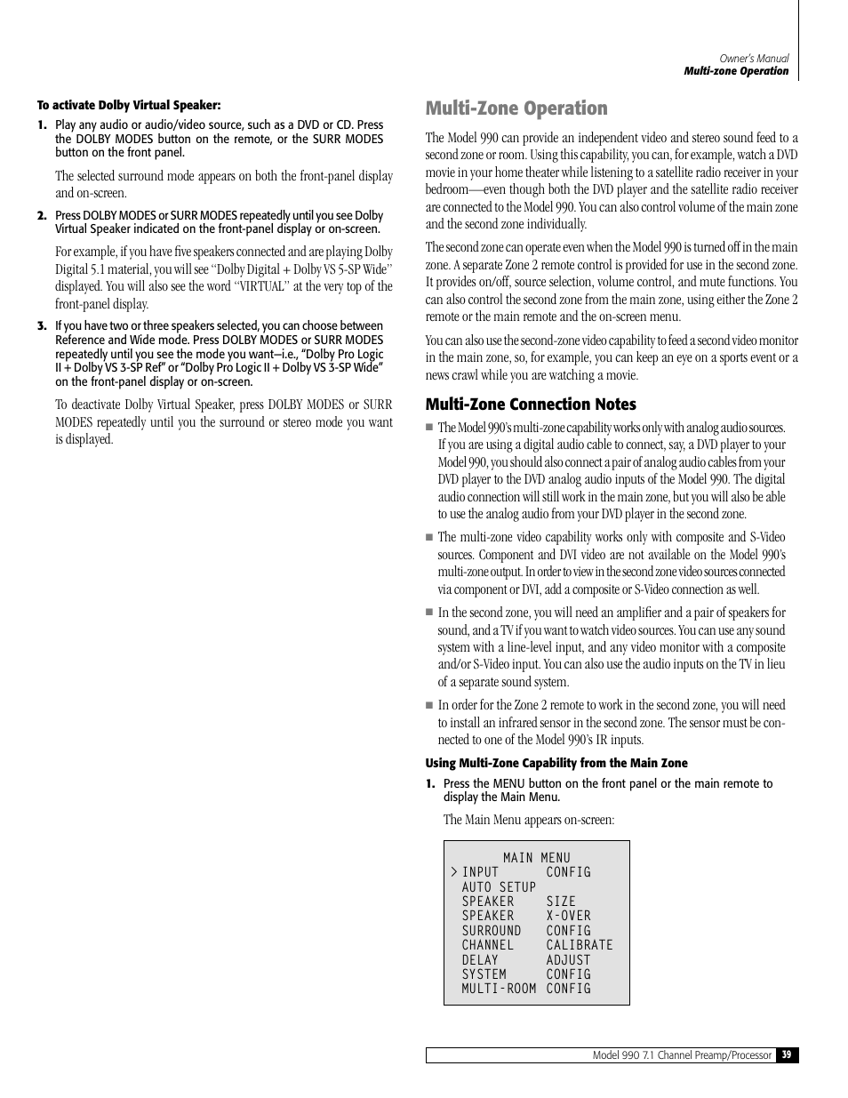 Multi-zone operation | Outlaw Audio 990 User Manual | Page 39 / 52