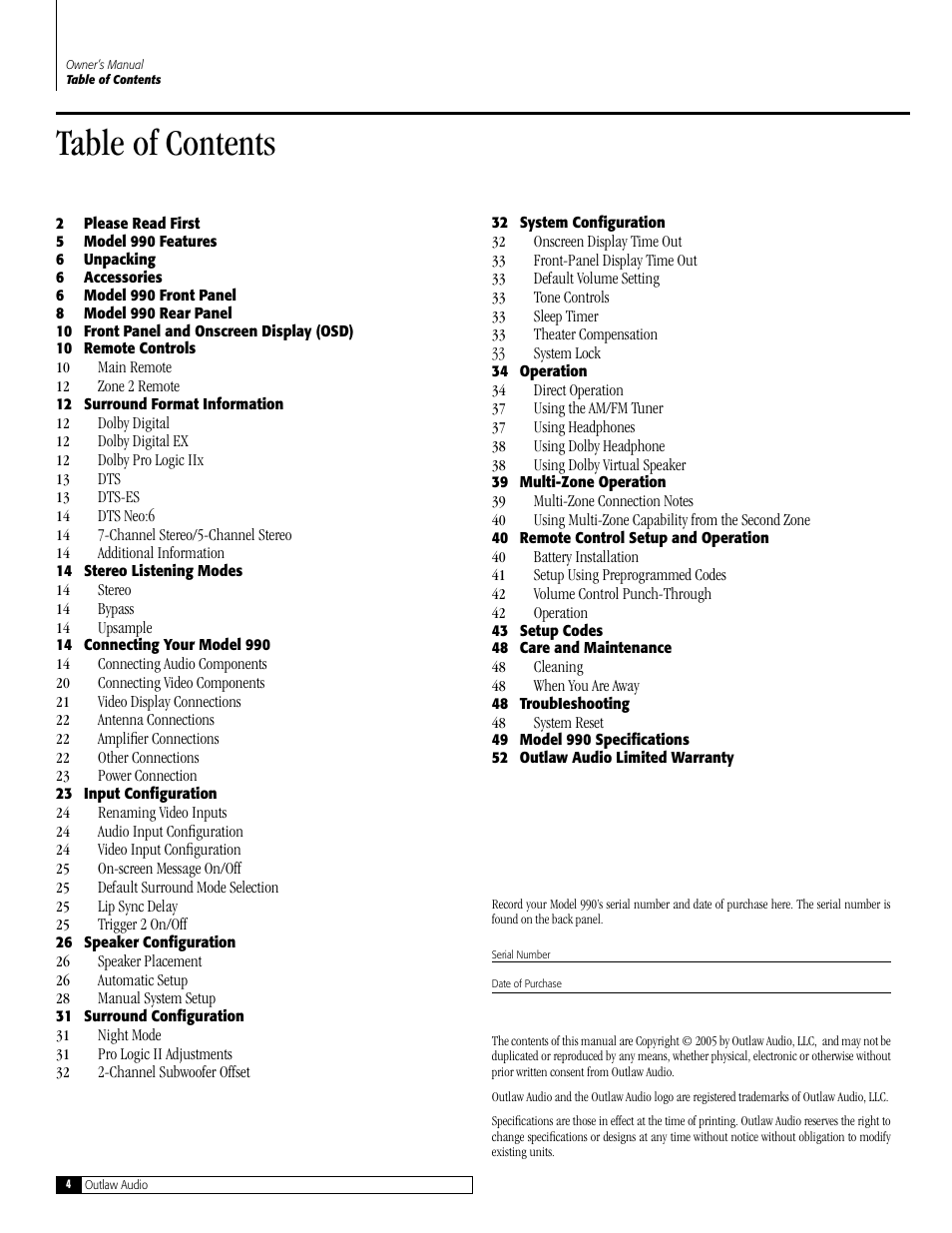 Outlaw Audio 990 User Manual | Page 4 / 52