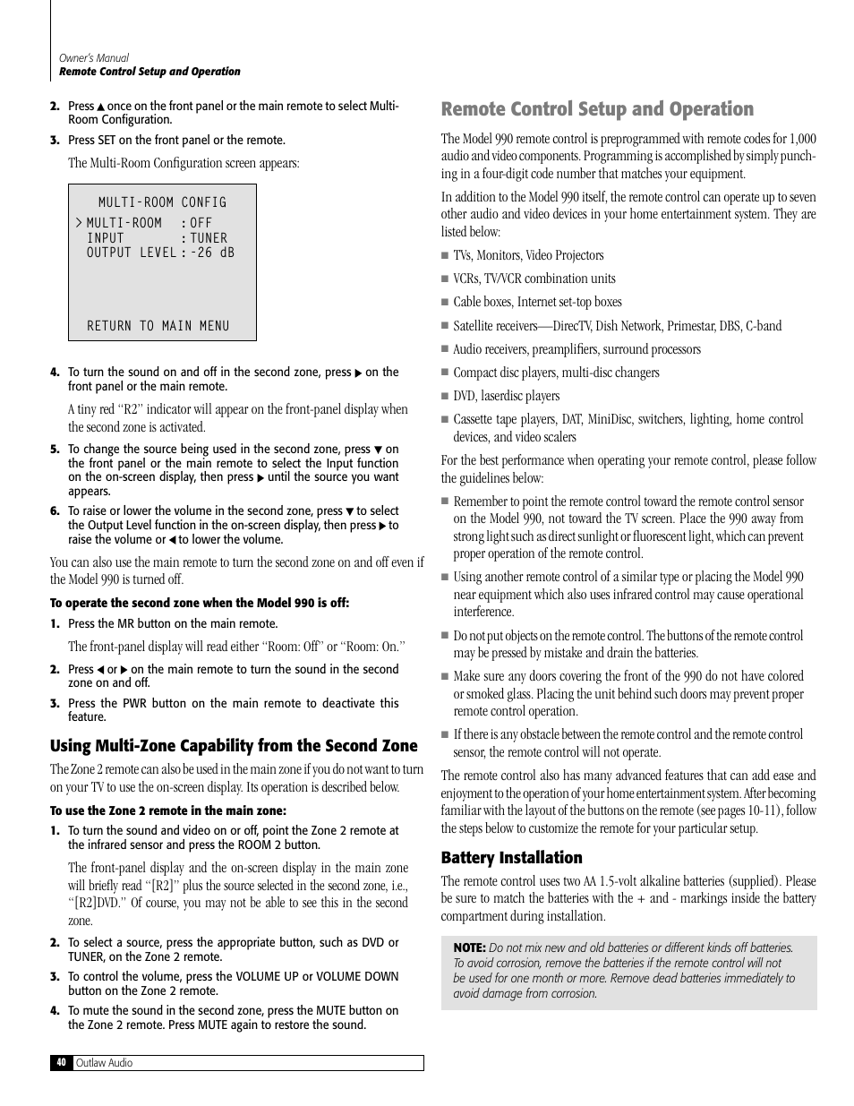 Remote control setup and operation, Using multi-zone capability from the second zone, Battery installation | Outlaw Audio 990 User Manual | Page 40 / 52