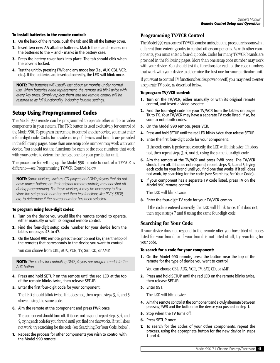 Setup using preprogrammed codes, Programming tv/vcr control, Searching for your code | Outlaw Audio 990 User Manual | Page 41 / 52