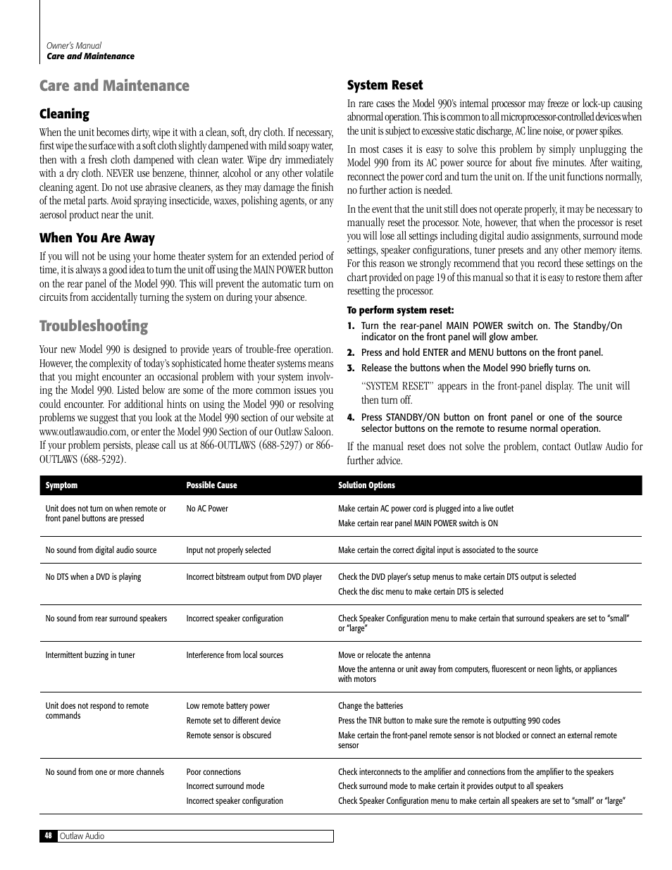 Care and maintenance, Troubieshooting, Cleaning | When you are away, System reset | Outlaw Audio 990 User Manual | Page 48 / 52