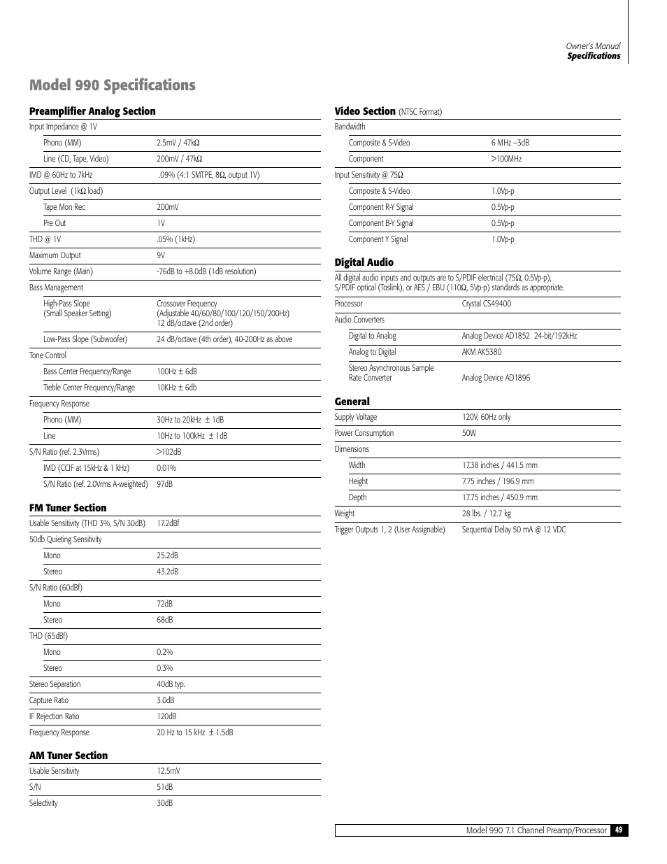 Model 990 specifications | Outlaw Audio 990 User Manual | Page 49 / 52