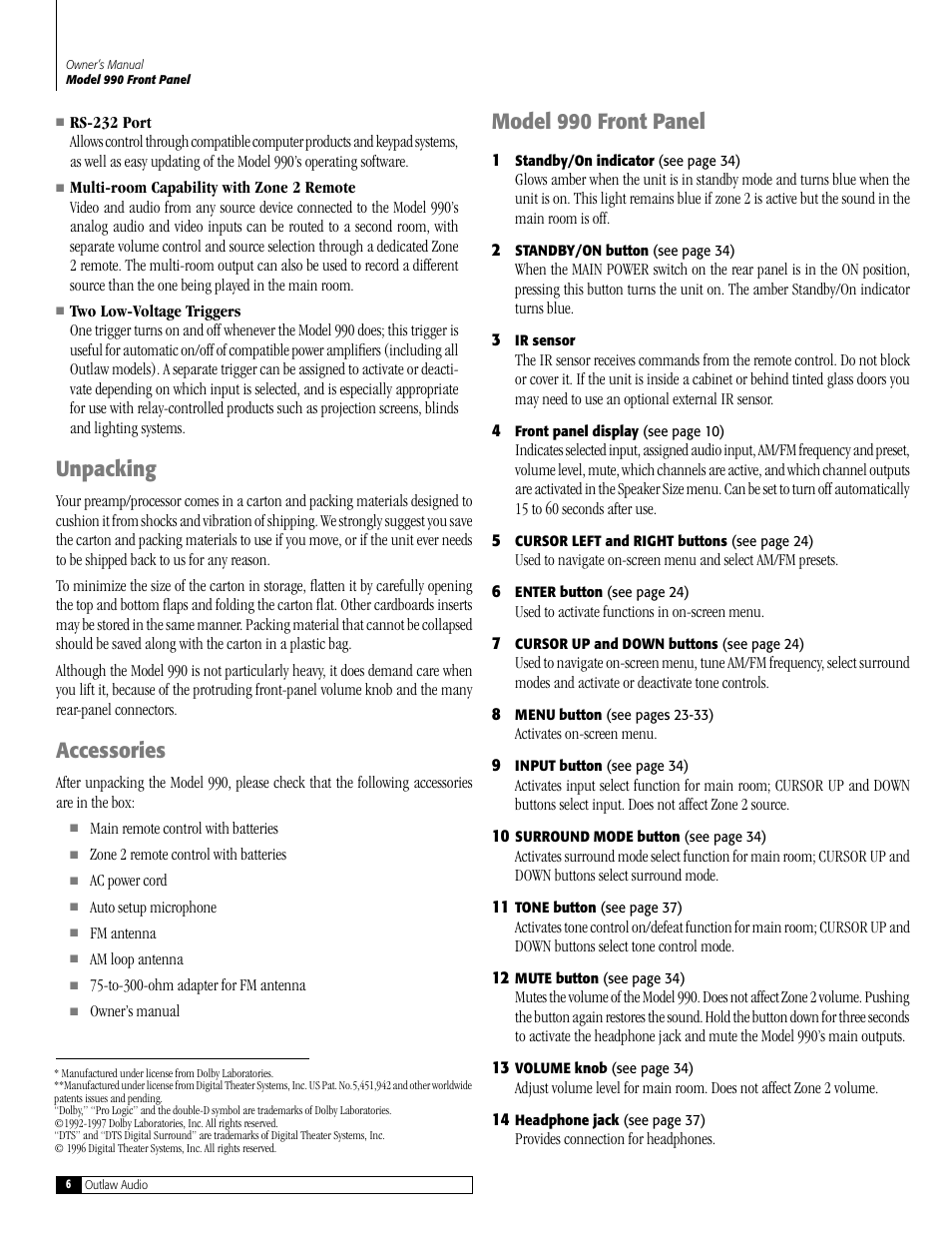 Unpacking, Accessories, Model 990 front panel | Outlaw Audio 990 User Manual | Page 6 / 52