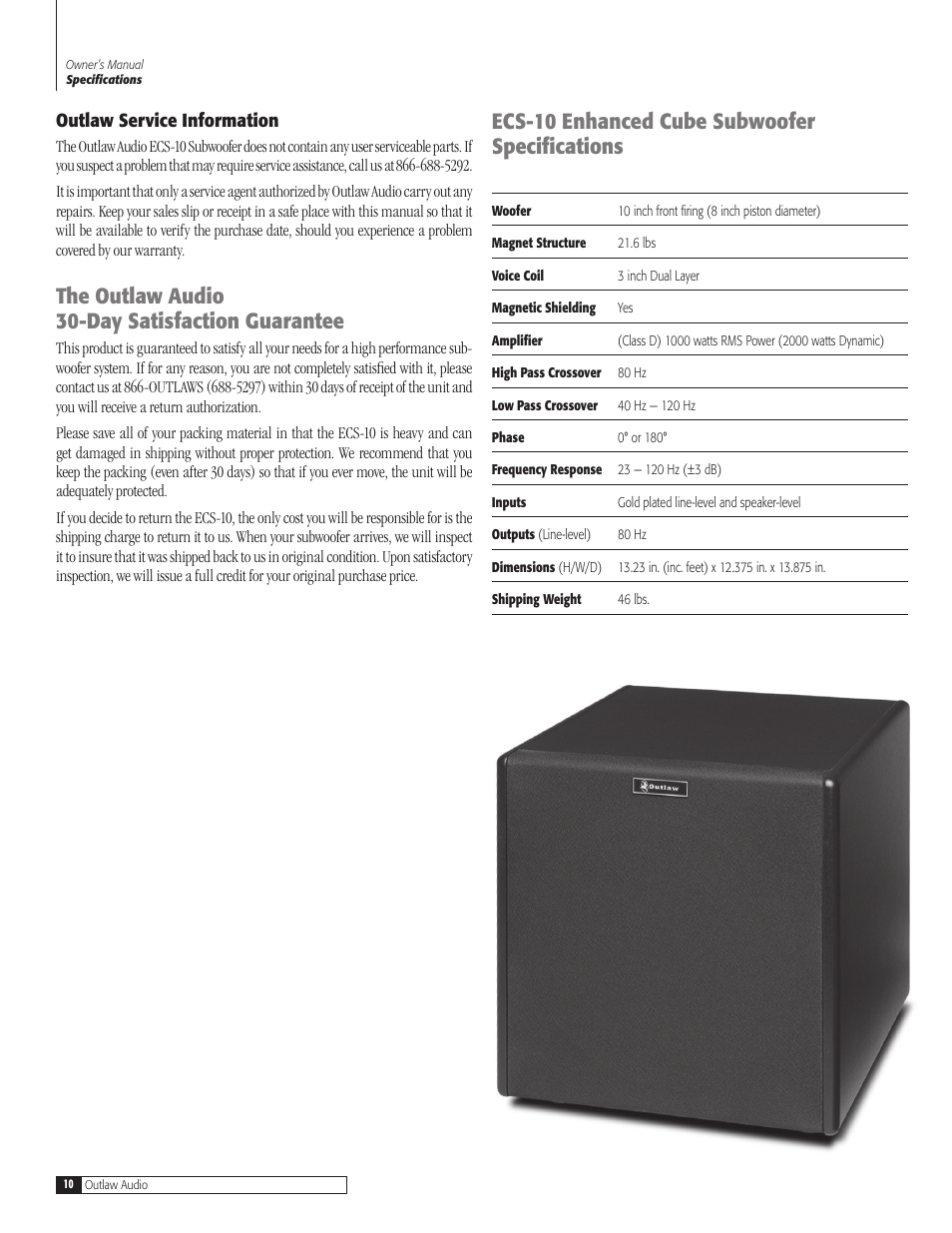 Ecs-10 enhanced cube subwoofer specifi cations, The outlaw audio 30-day satisfaction guarantee | Outlaw Audio ECS-10 User Manual | Page 10 / 12