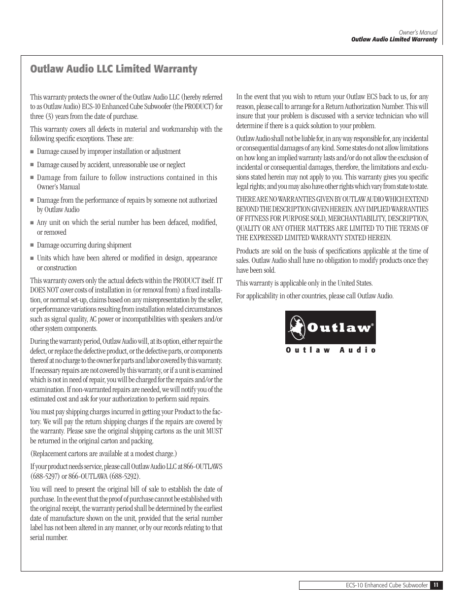 Outlaw audio llc limited warranty, Damage occurring during shipment | Outlaw Audio ECS-10 User Manual | Page 11 / 12