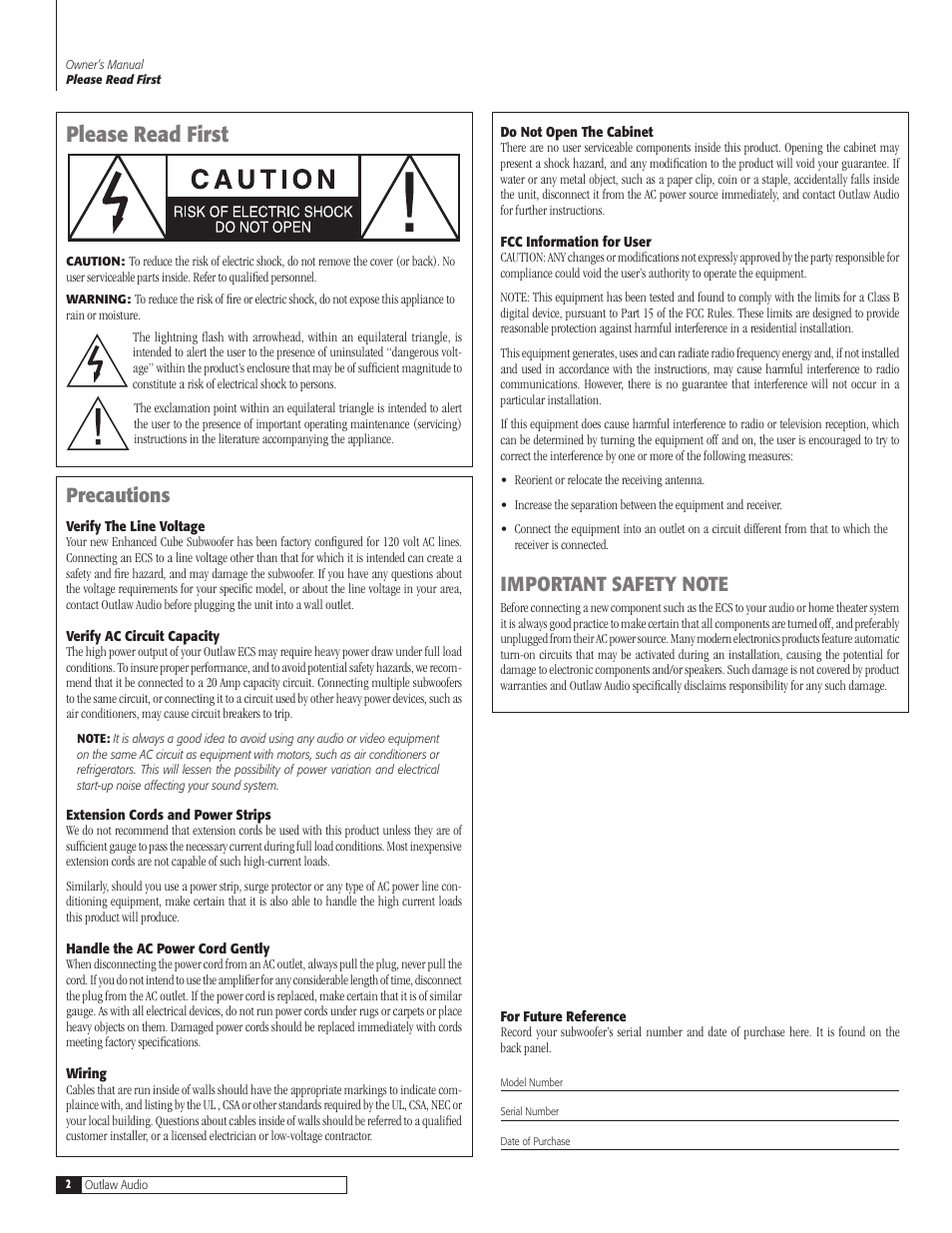 Please read first, Precautions | Outlaw Audio ECS-10 User Manual | Page 2 / 12