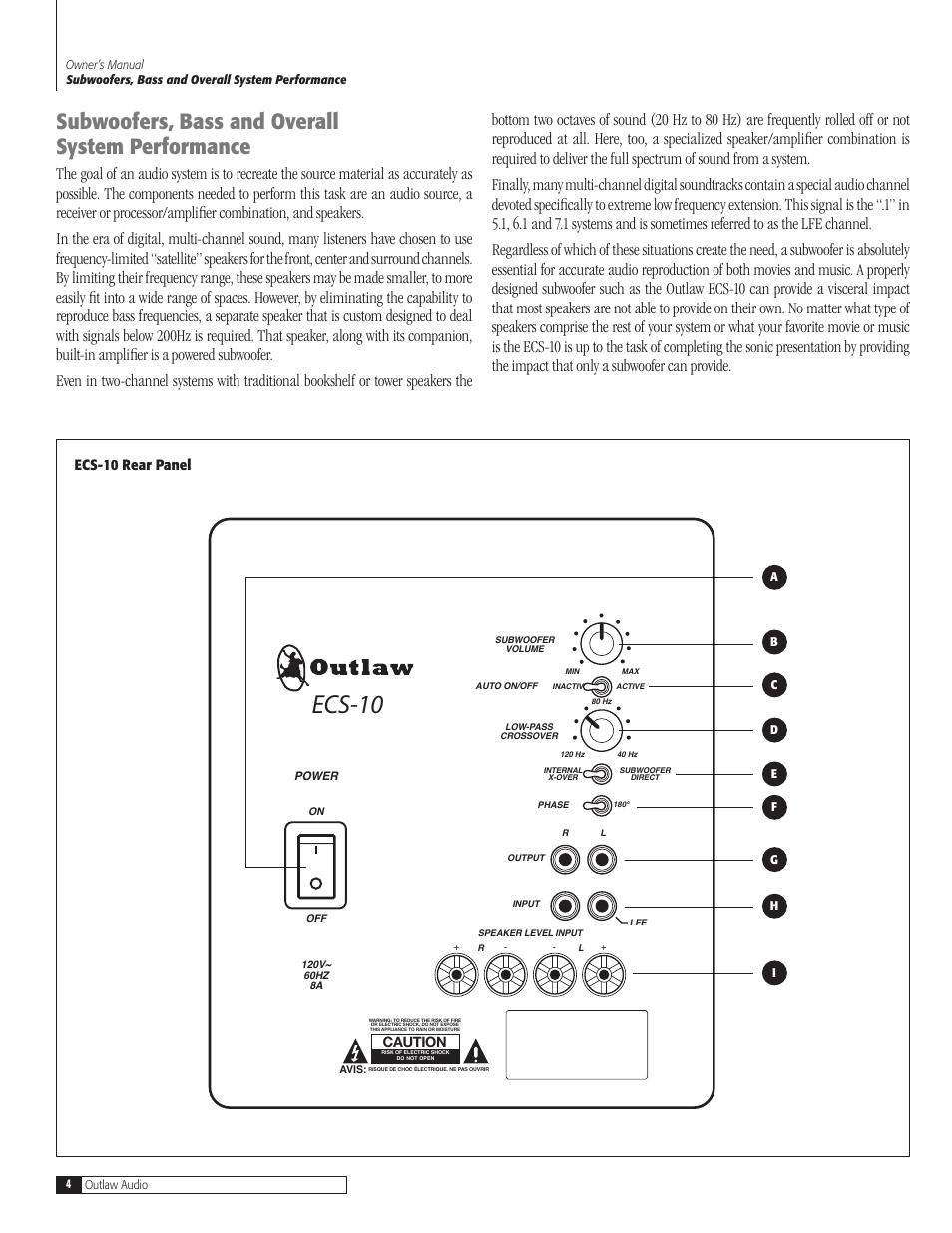 Ecs-10, Subwoofers, bass and overall system performance, Ecs-10 rear panel | Caution | Outlaw Audio ECS-10 User Manual | Page 4 / 12