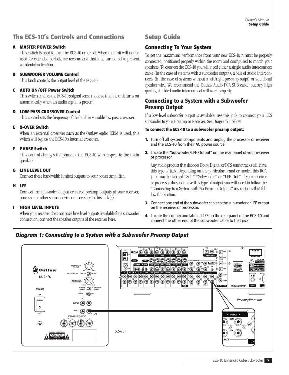 The ecs-10’s controls and connections, Setup guide, Connecting to your system | This knob controls the output level of the ecs-10, A master power switch, B subwoofer volume control, C auto on/off power switch, D low-pass crossover control, E x-over switch, F phase switch | Outlaw Audio ECS-10 User Manual | Page 5 / 12