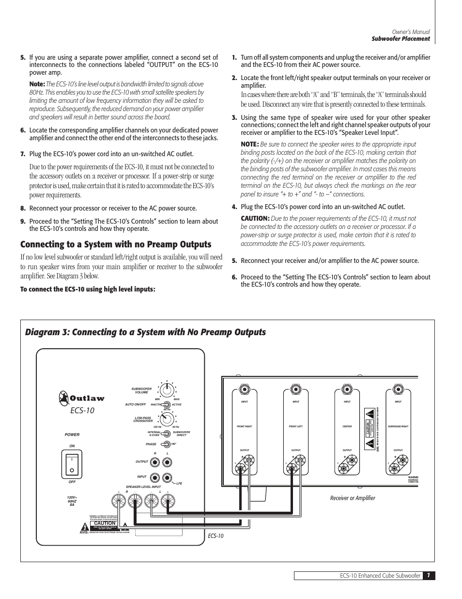 Connecting to a system with no preamp outputs, Ecs-10, Ecs-10 riv  alifi | Outlaw Audio ECS-10 User Manual | Page 7 / 12