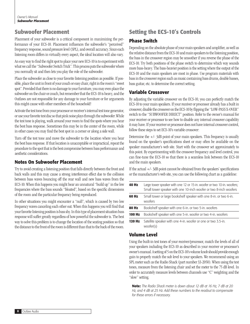 Subwoofer placement, Setting the ecs-10’s controls | Outlaw Audio ECS-10 User Manual | Page 8 / 12