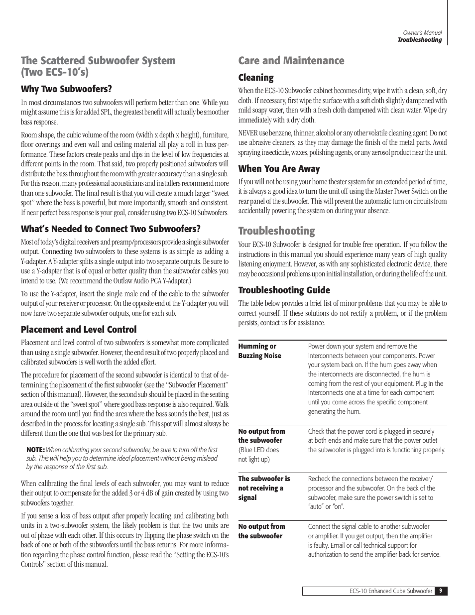 The scattered subwoofer system (two ecs-10’s), Care and maintenance, Troubleshooting | Outlaw Audio ECS-10 User Manual | Page 9 / 12