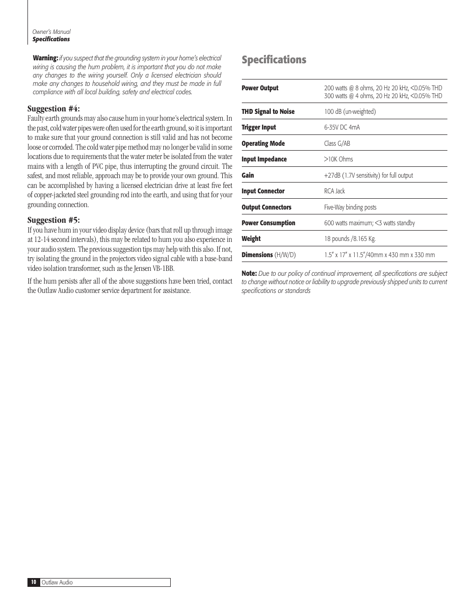 10 specificati, Specifications, Suggestion #4 | Suggestion #5 | Outlaw Audio 200 M-Block User Manual | Page 10 / 12