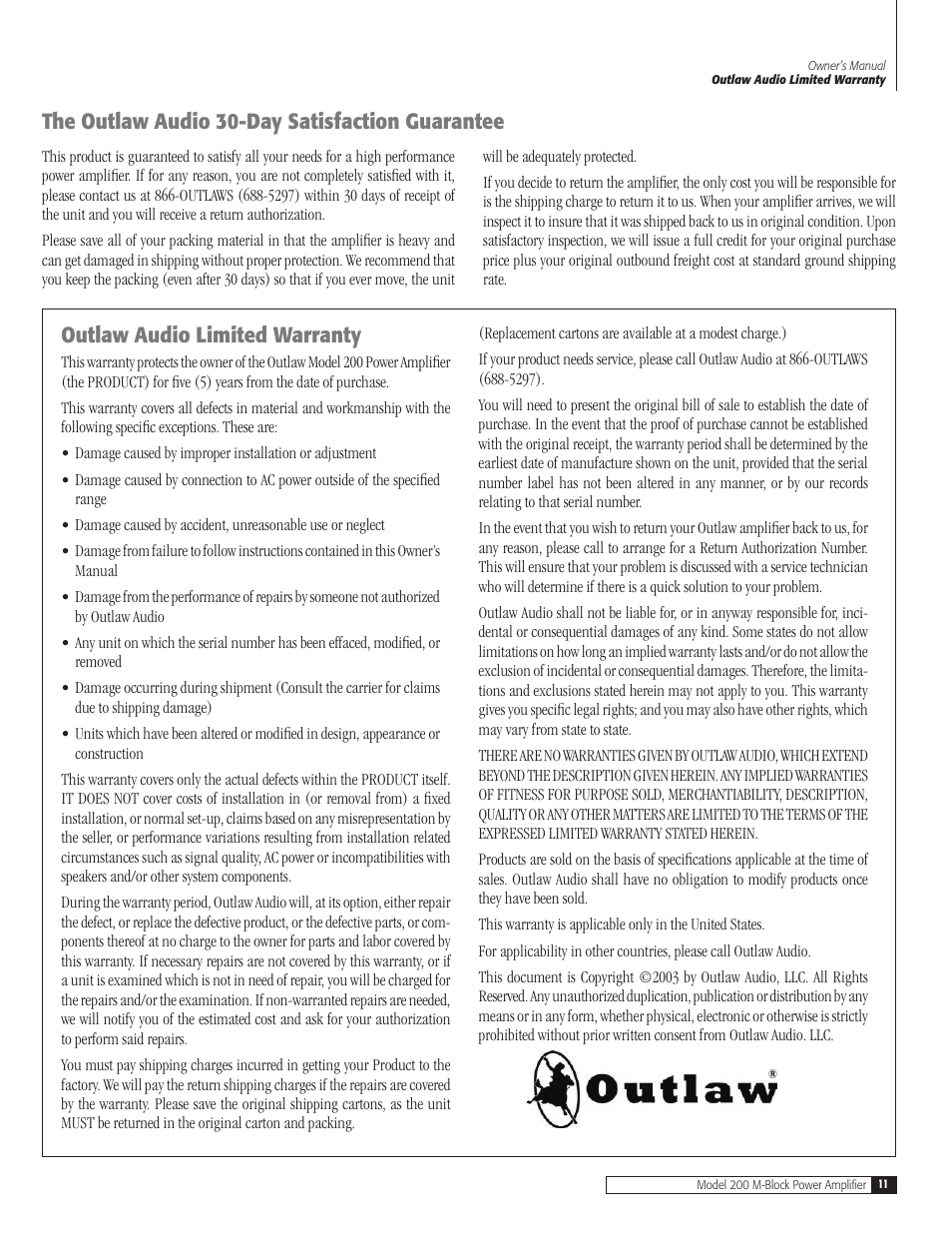 11 the outlaw audio 30-day satisfaction guaran, 11 outlaw audio limited warra, The outlaw audio 30-day satisfaction guarantee 11 | Outlaw audio limited warranty, The outlaw audio 30-day satisfaction guarantee | Outlaw Audio 200 M-Block User Manual | Page 11 / 12
