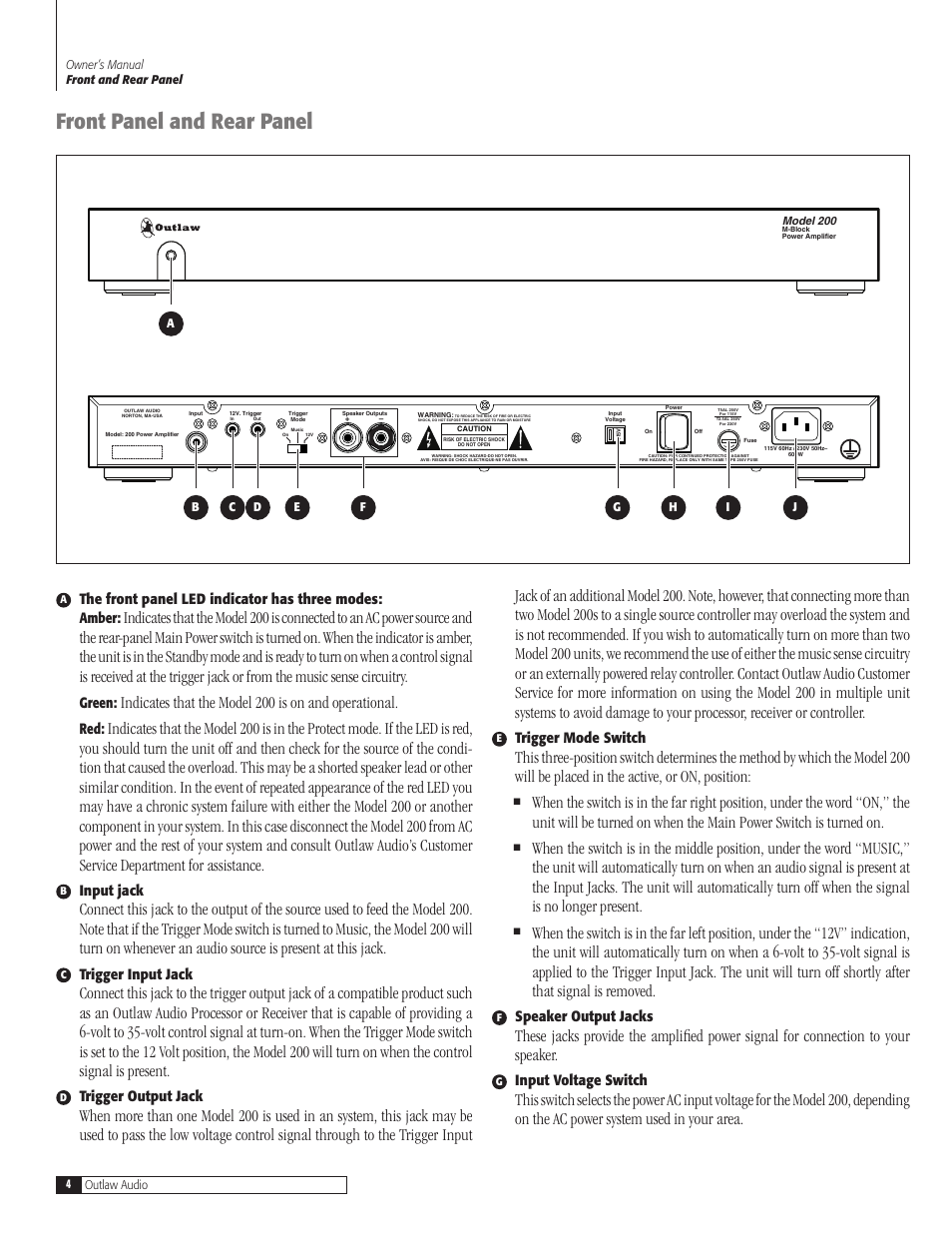4 front panel and rear pan, Front panel and rear panel, Indicates that the model 200 is on and operational | Outlaw Audio 200 M-Block User Manual | Page 4 / 12