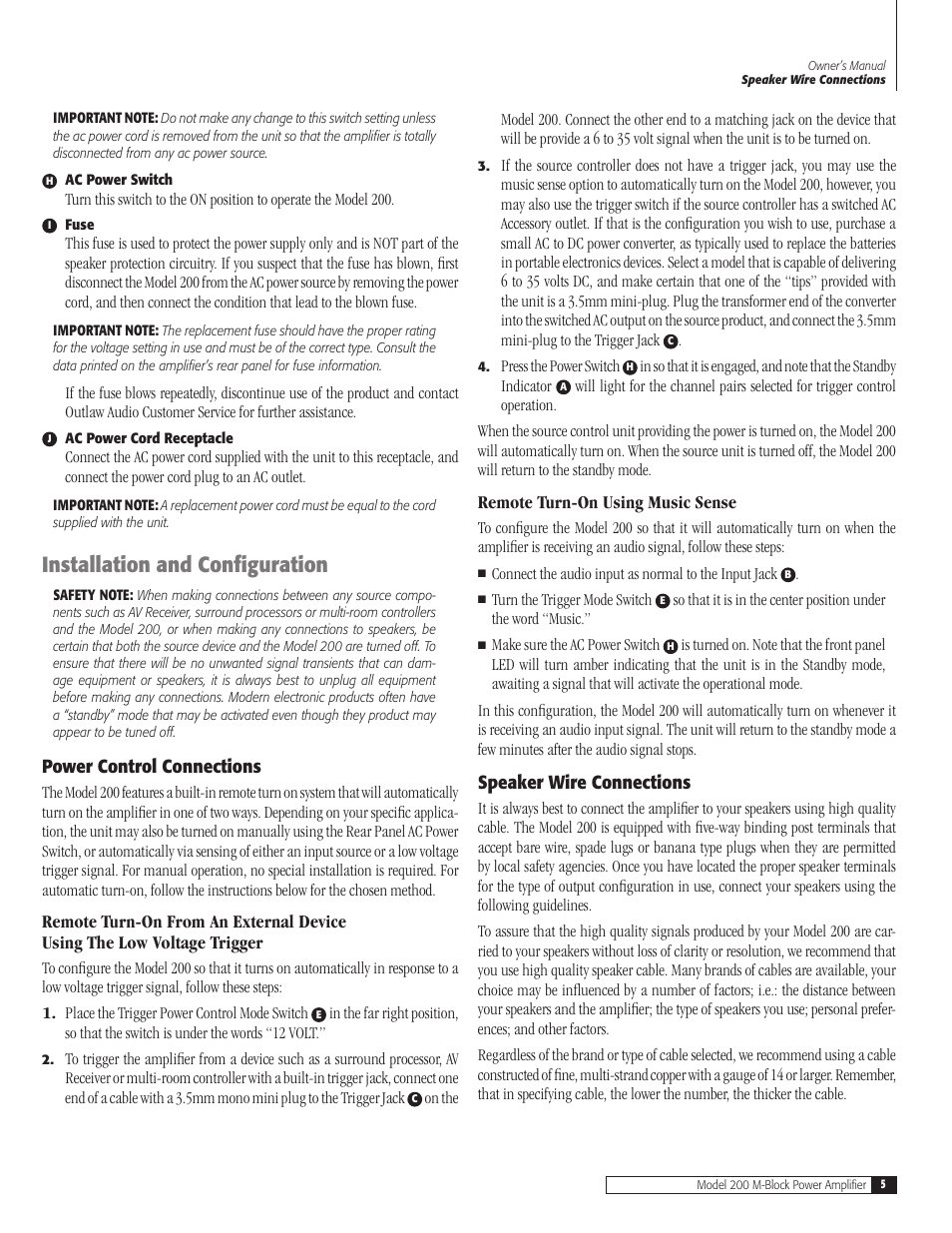 5 installation and configurati, 5 power control connectio, 5 speaker wire connectio | Installation and configuration 5, Power control connections, Speaker wire connections, Installation and configuration | Outlaw Audio 200 M-Block User Manual | Page 5 / 12