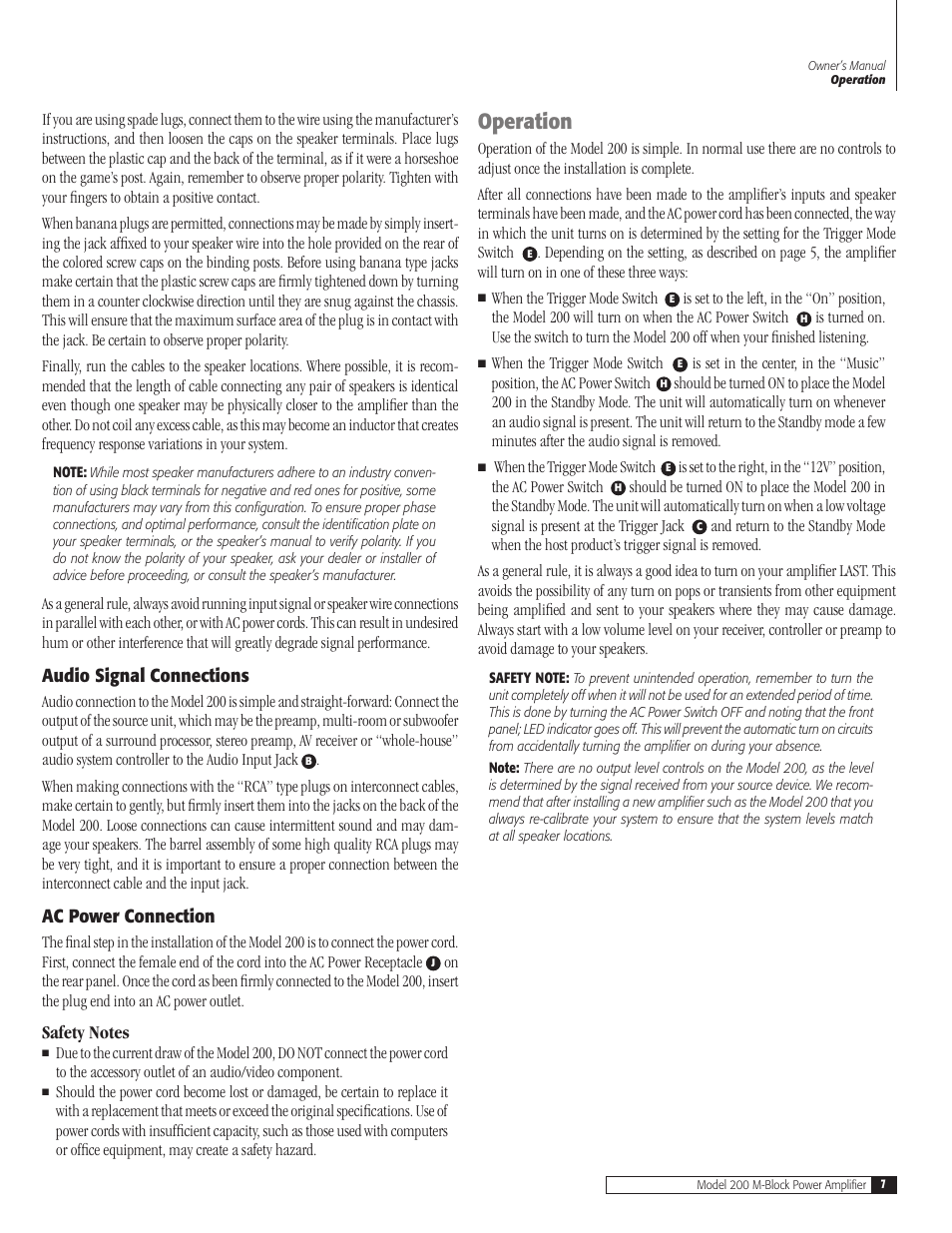 7 audio signal connection, 7 ac power connecti, 7 operati | Audio signal connections, Ac power connection, Operation | Outlaw Audio 200 M-Block User Manual | Page 7 / 12