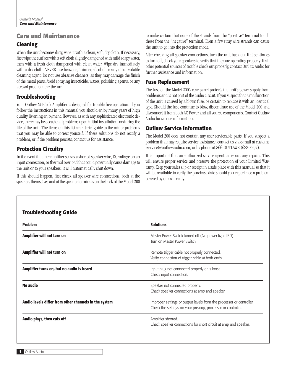 8 care and maintenan, 8 cleani, 8 troubleshooting gui | 8 protection circuit, 8 fuse replaceme, 8 outlaw service informati, 8 troubleshooti, Care and maintenance 8, Cleaning, Troubleshooting guide | Outlaw Audio 200 M-Block User Manual | Page 8 / 12