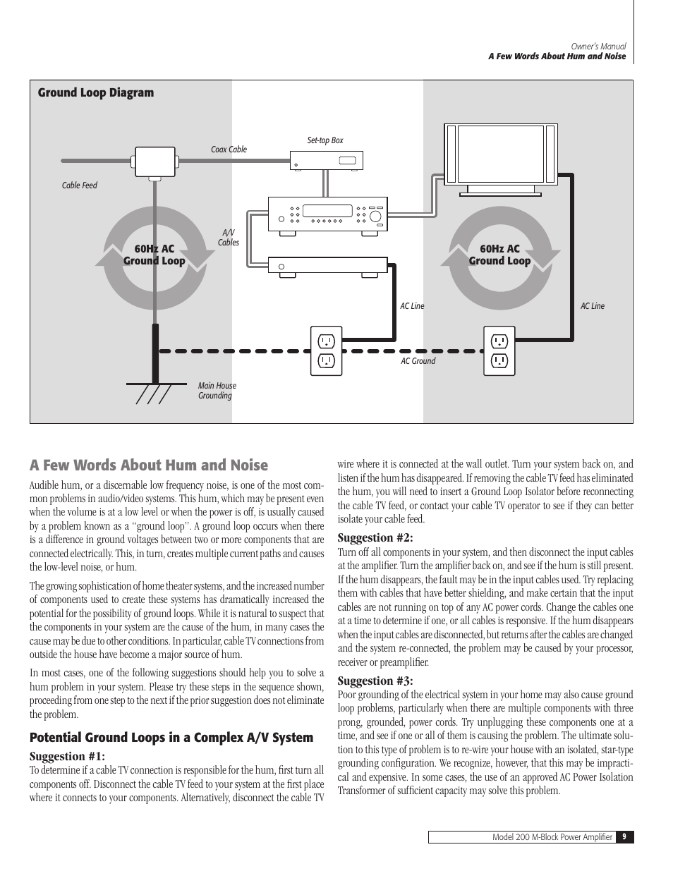 9 a few words about hum and noi, 9 potential ground loops in a complex a/v syst, A few words about hum and noise 9 | Potential ground loops in a complex a/v system, A few words about hum and noise, Suggestion #2, Suggestion #3 | Outlaw Audio 200 M-Block User Manual | Page 9 / 12