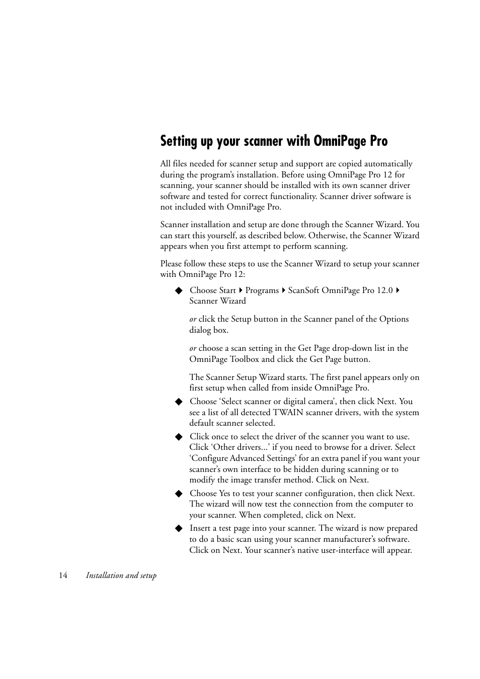 Setting up your scanner with omnipage pro | OmniWare Pro 12 ScanSoft User Manual | Page 14 / 100