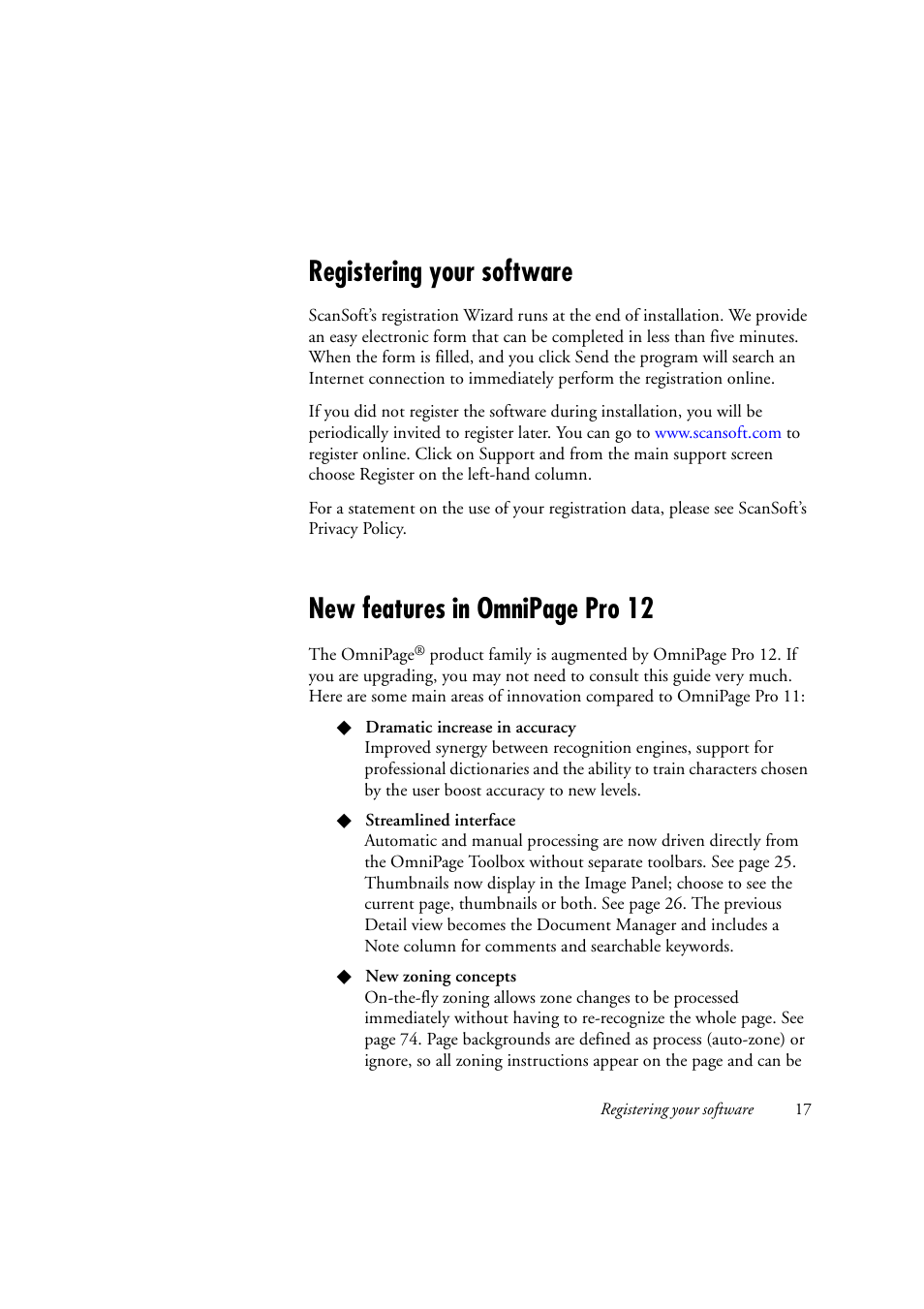 Registering your software, New features in omnipage pro 12 | OmniWare Pro 12 ScanSoft User Manual | Page 17 / 100