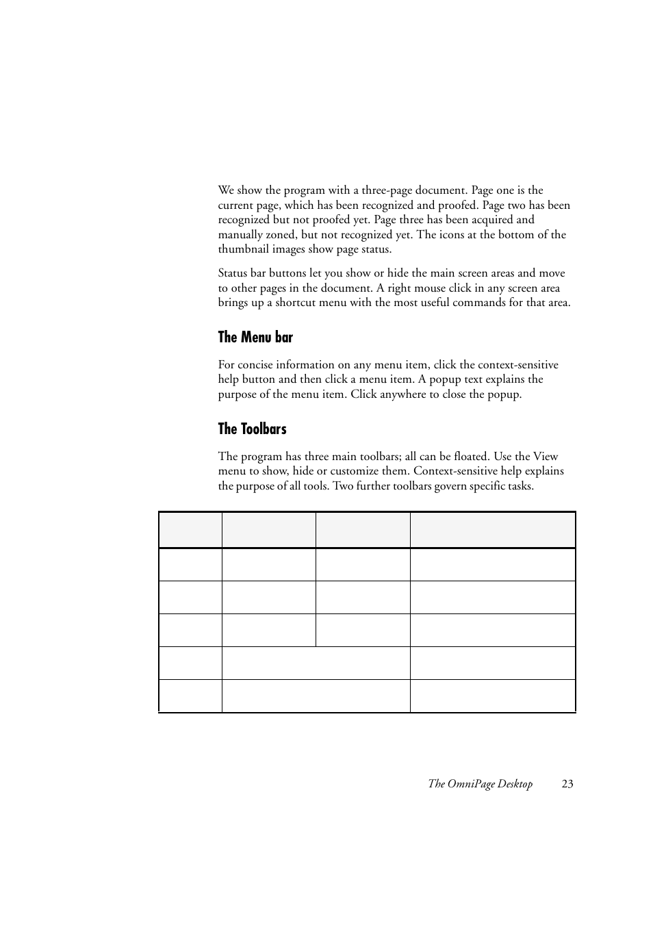 The menu bar, The toolbars | OmniWare Pro 12 ScanSoft User Manual | Page 23 / 100